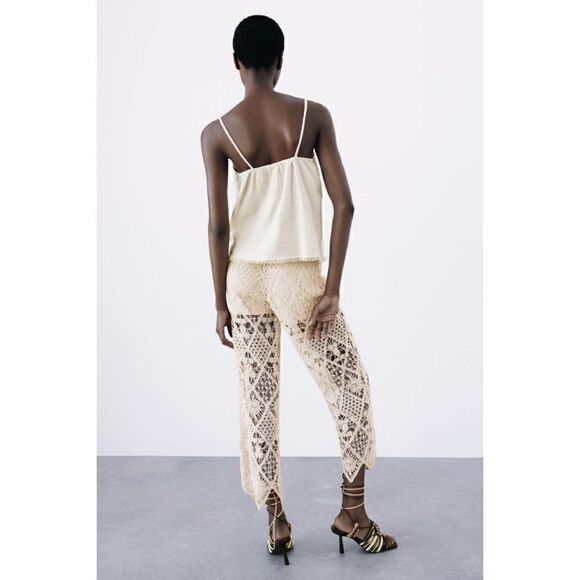 NWT Zara Beaded Macrame Knot & Fringe Cotton V-Neck Top in Ecru, Size XS - Picture 5 of 15